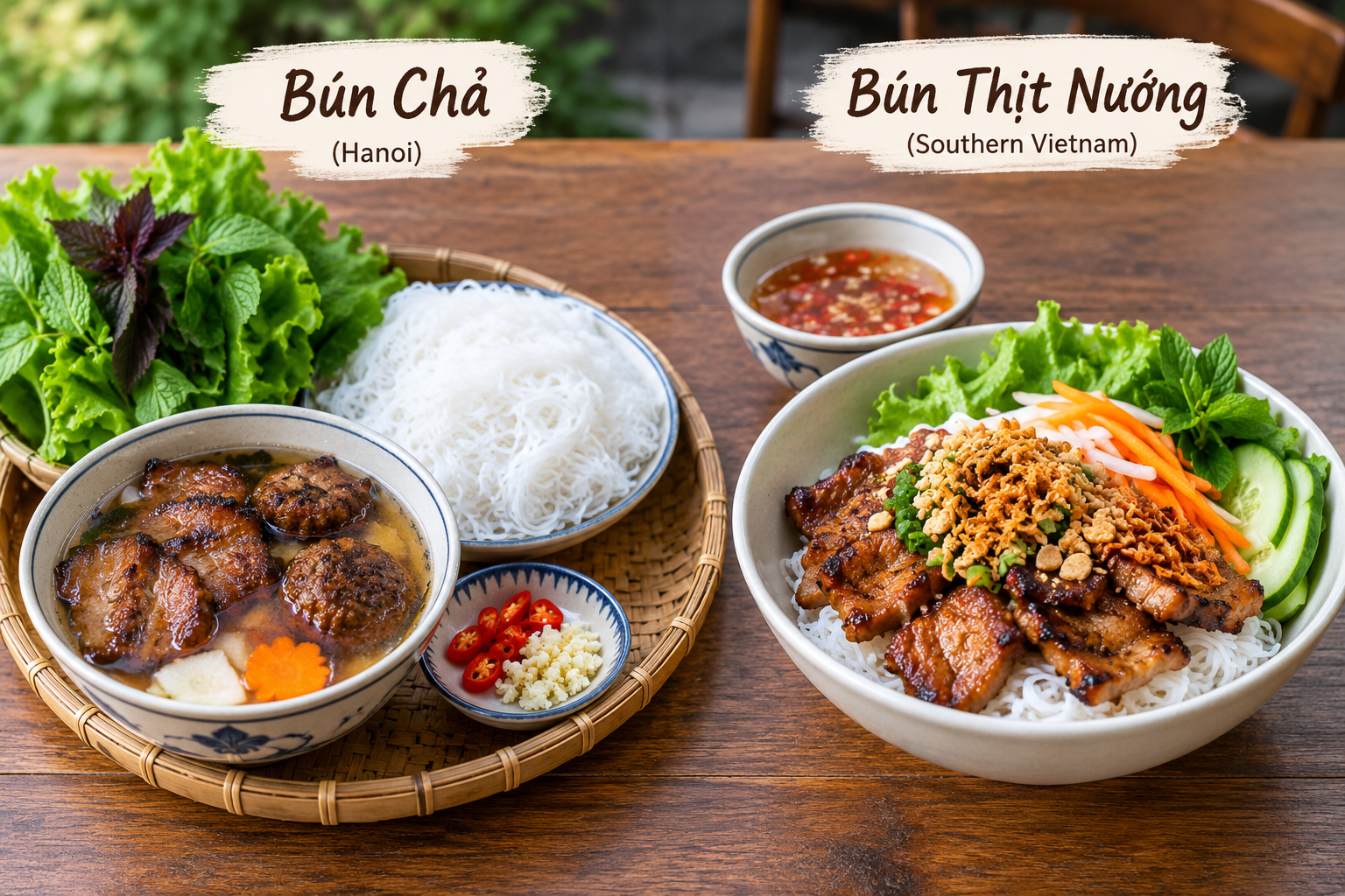 Bún Chả vs. Bún Thịt Nướng served side by side
