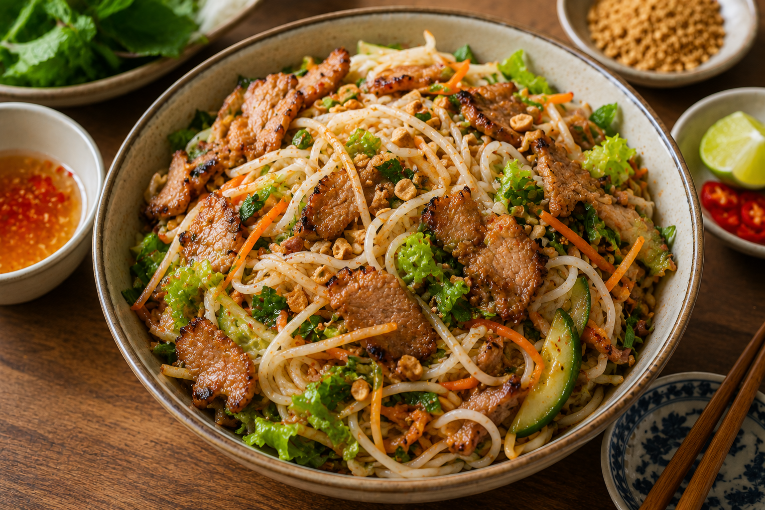 Mixed bowl of Bún Thịt Nướng