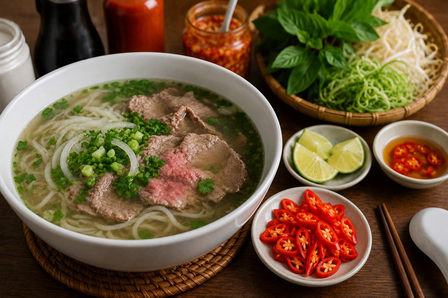 Adding fresh chili to Vietnamese pho
