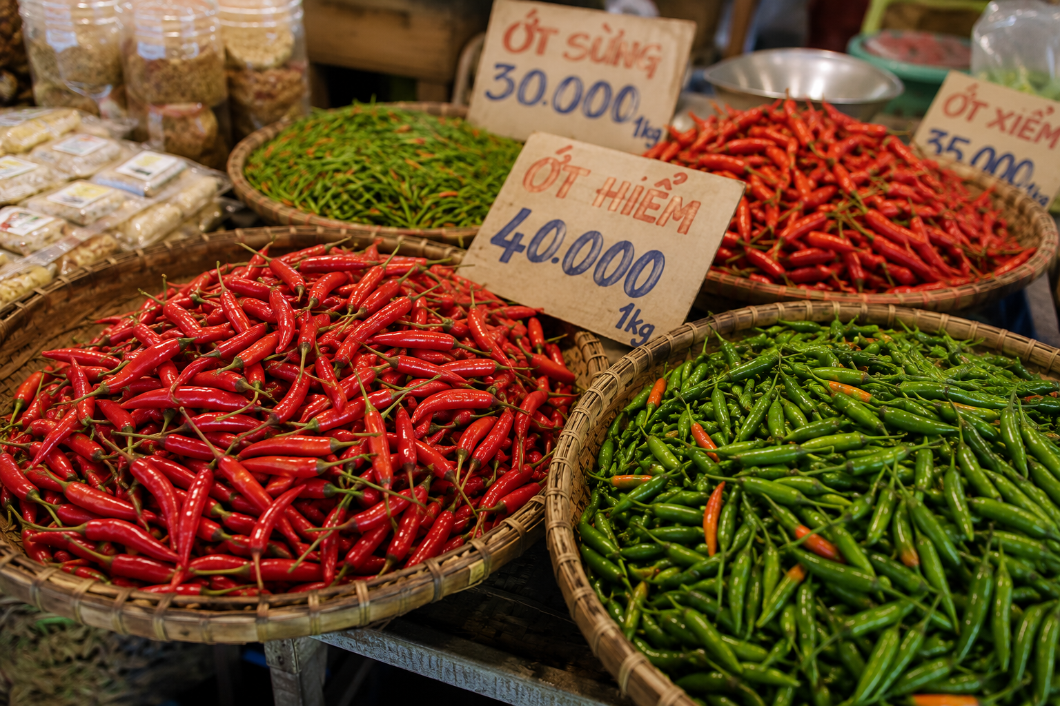 Vietnamese fresh chili peppers at a local market