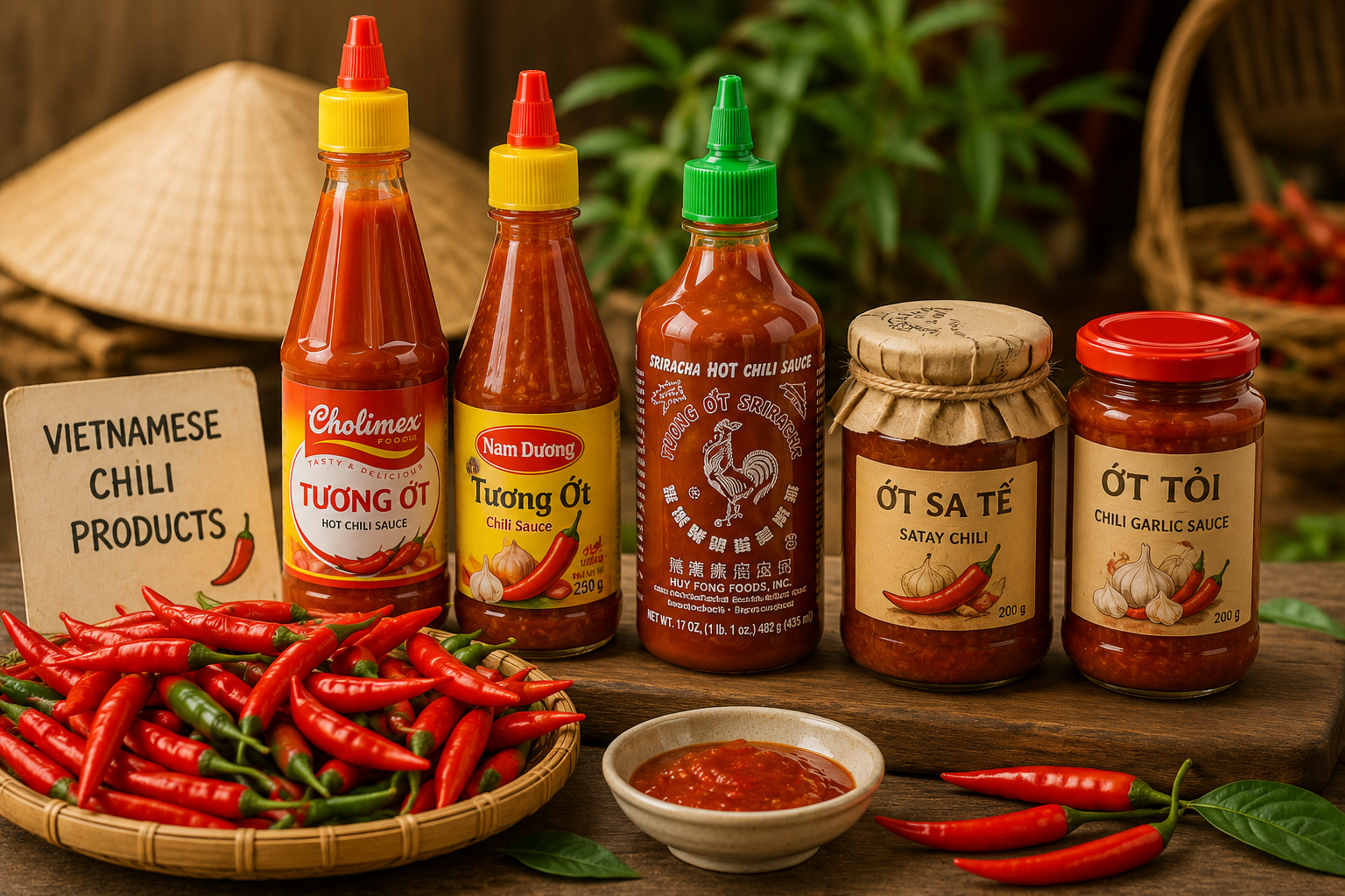 Vietnamese chili sauce and fresh chili peppers