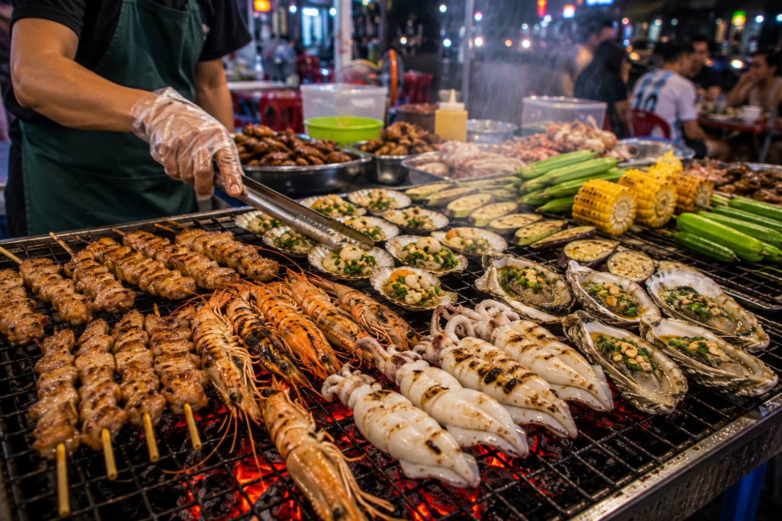 Vietnam street barbecue with seafood and grilled meat