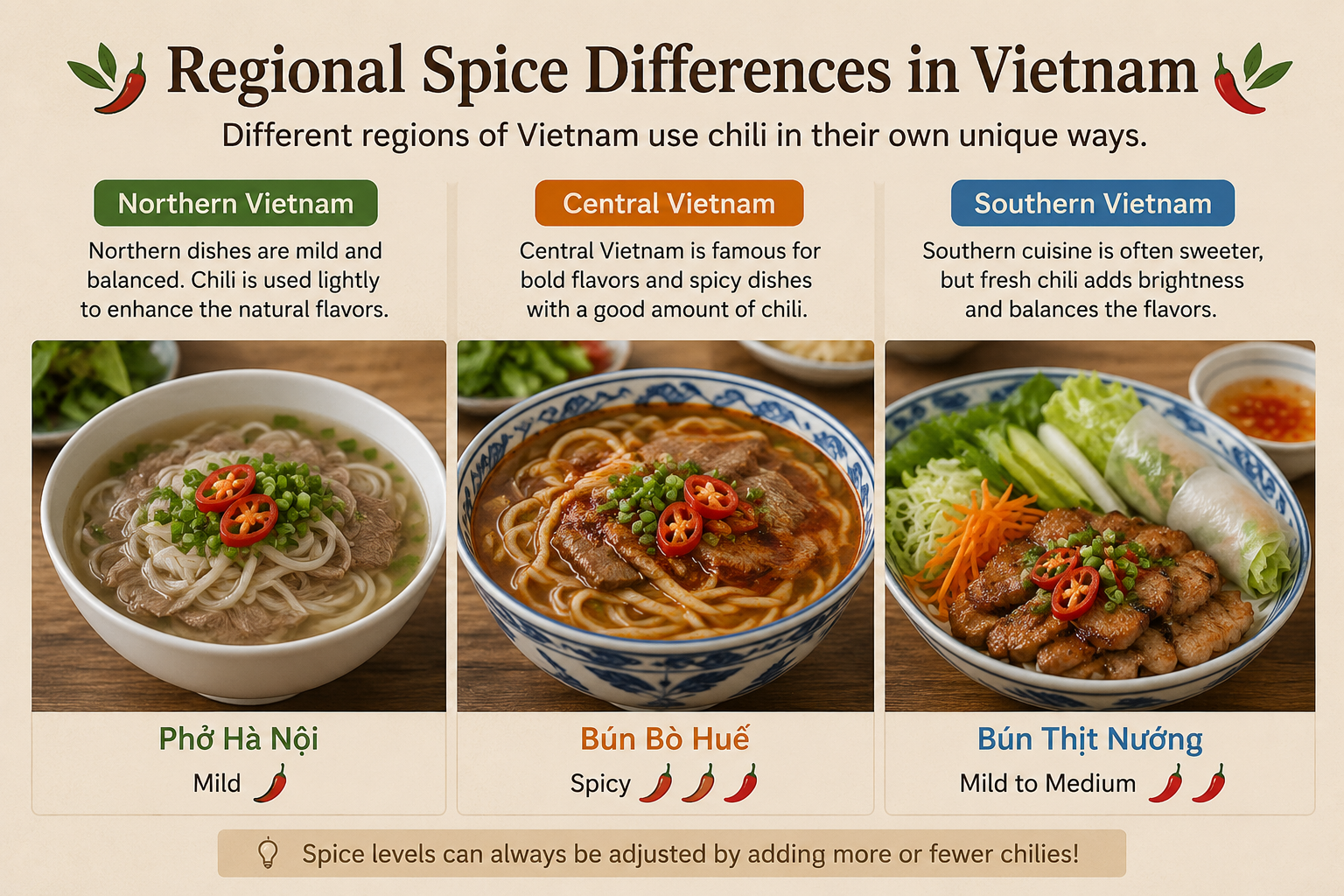Regional Vietnamese dishes with different spice levels