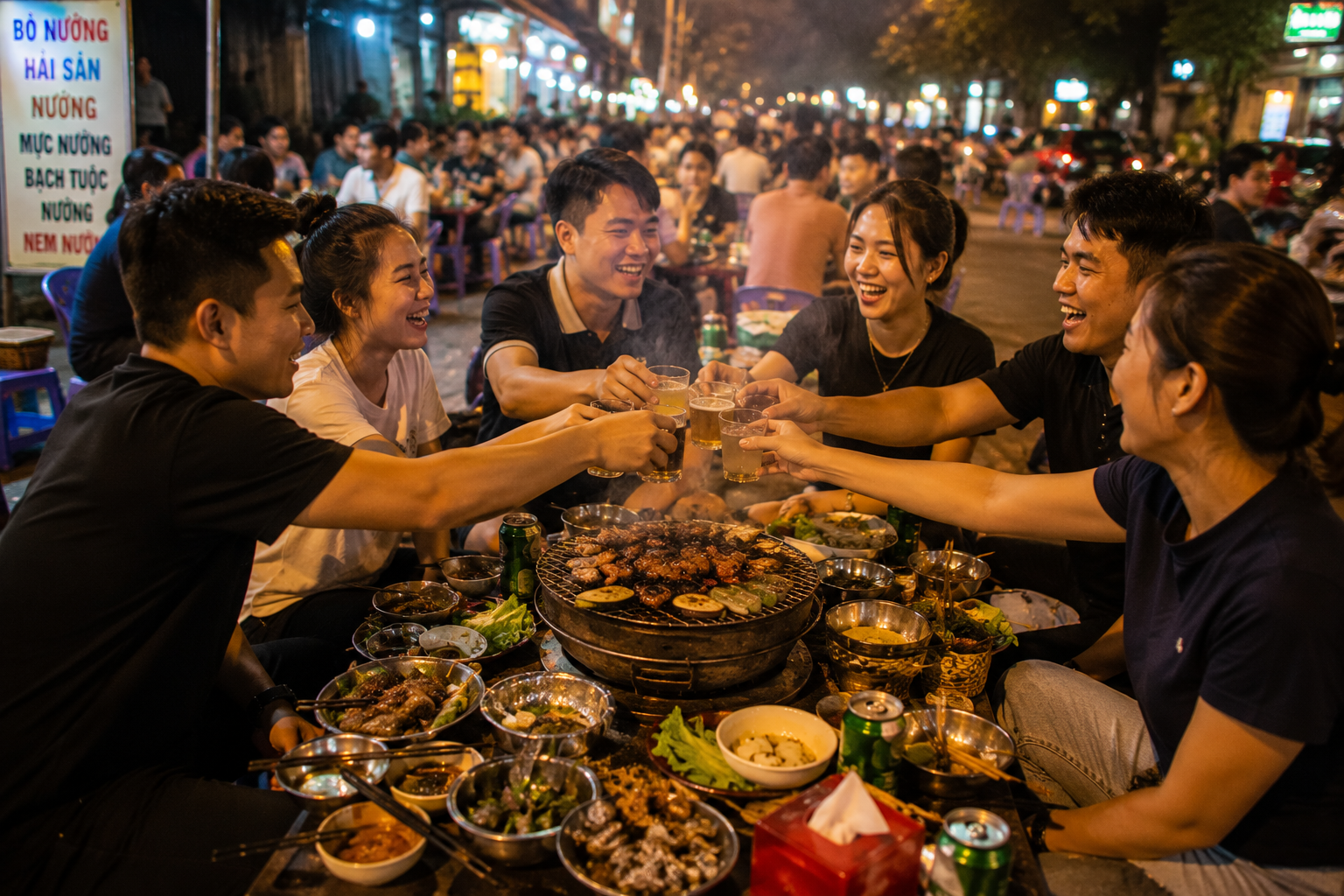 Friends enjoying Vietnam street barbecue at night