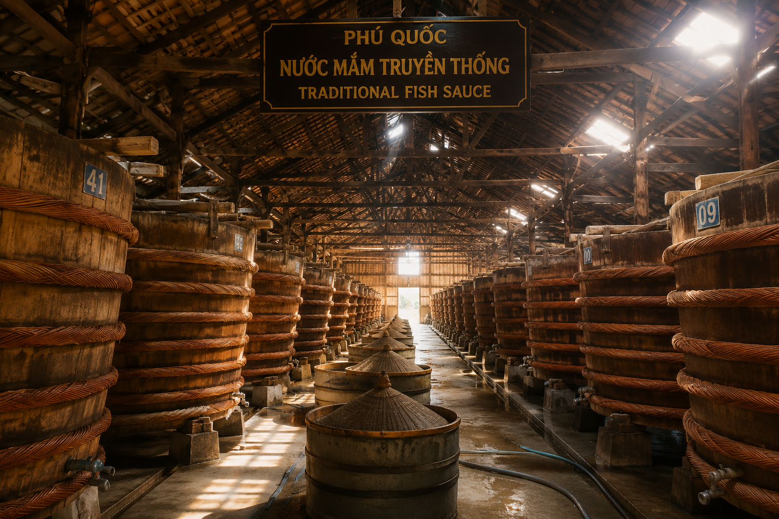 Traditional fish sauce factory in Phú Quốc, Vietnam with large wooden fermentation barrels