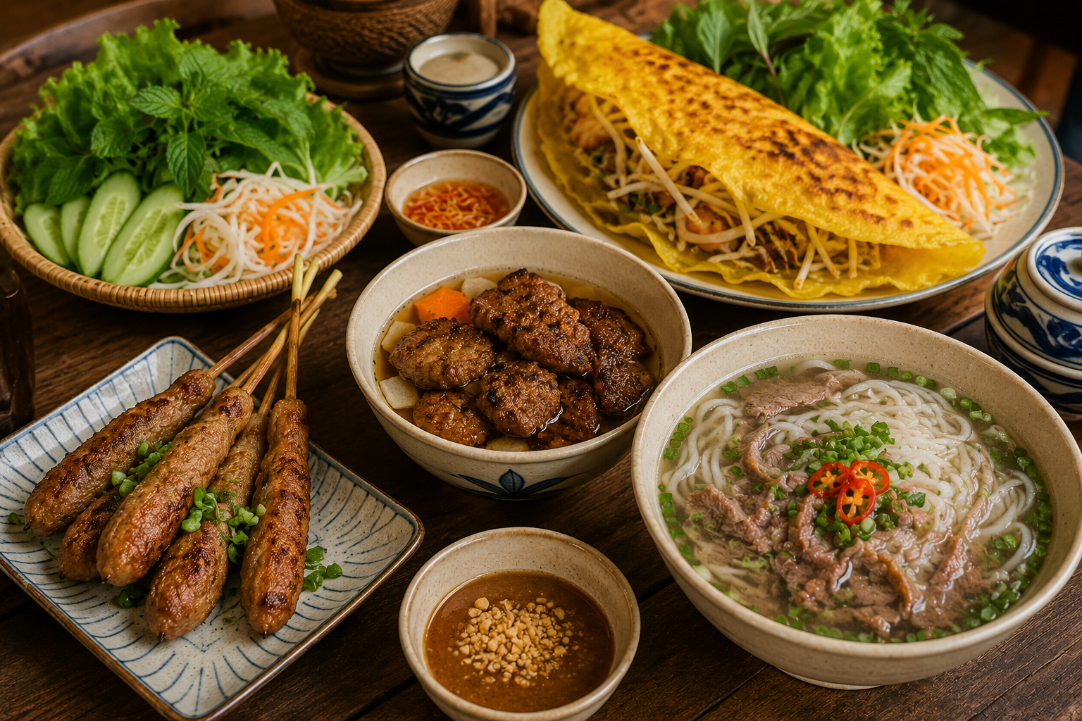 Traditional Vietnamese dishes including Bun Cha, Banh Xeo, Nem Lui, and Pho