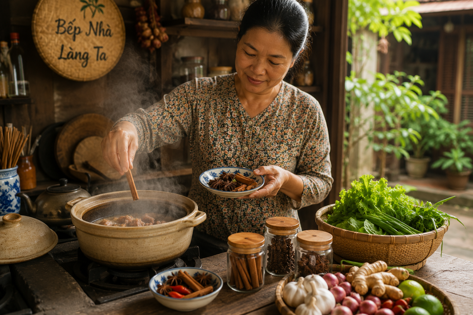 Vietnamese home cook preparing a traditional meal with cinnamon, star anise, and fresh herbs.