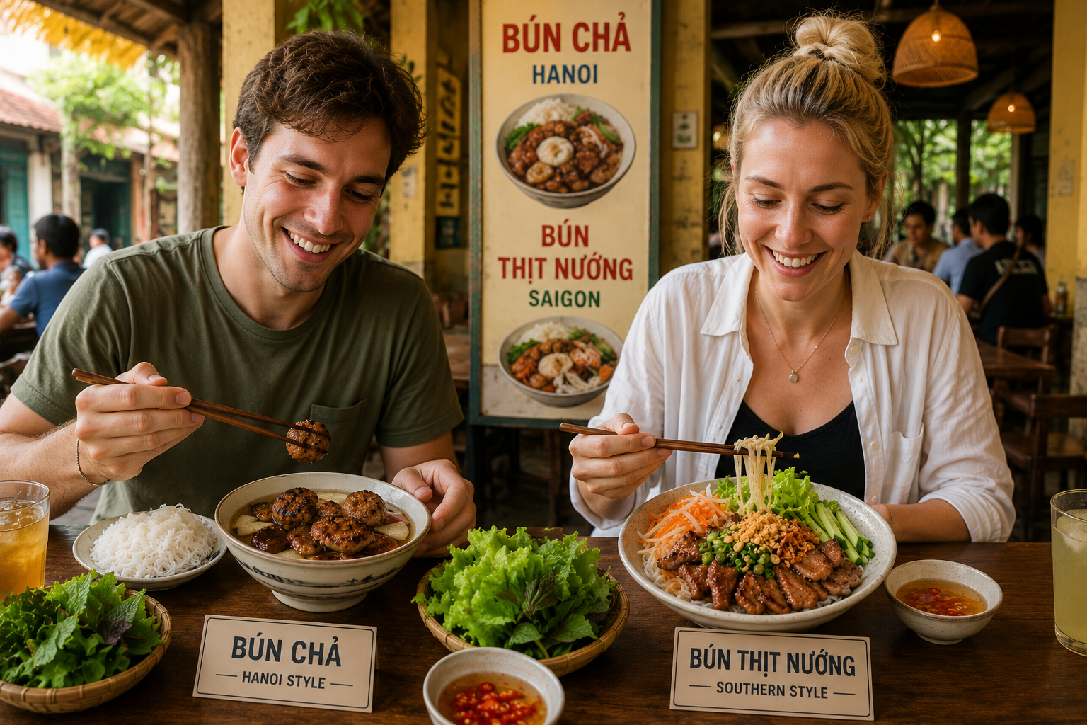 Tourists enjoying Vietnamese noodle dishes