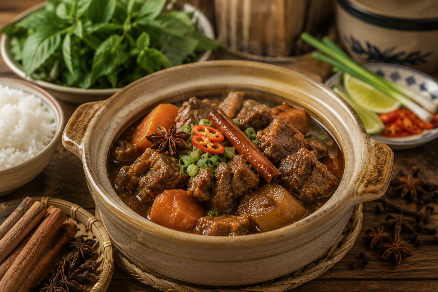 Traditional Vietnamese braised beef cooked with cinnamon, star anise, and cloves.