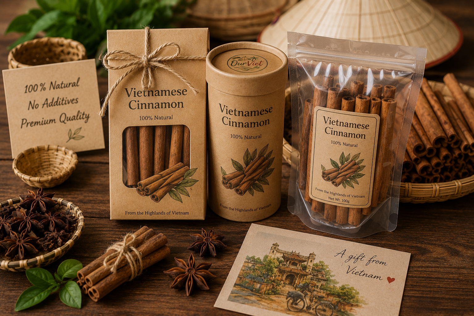 Packaged Vietnamese cinnamon sticks sold as traditional souvenirs from Vietnam.