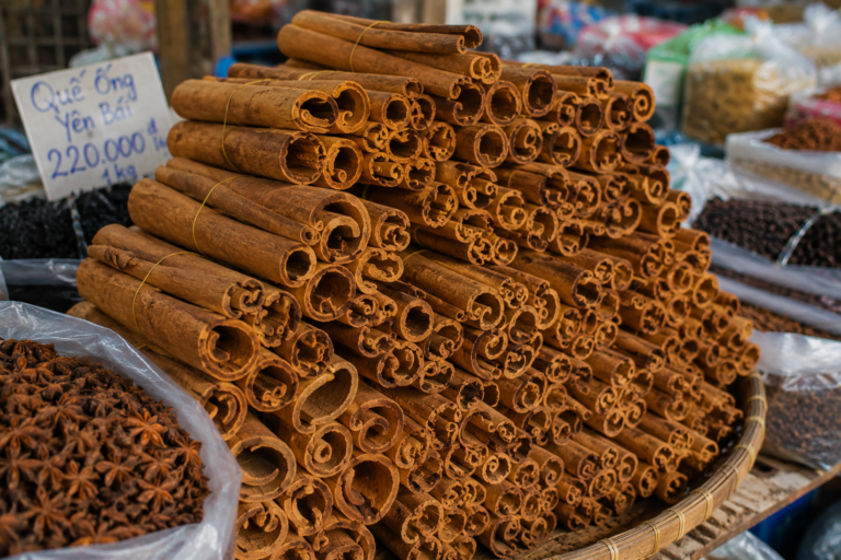 Cinnamon sticks displayed at a traditional Vietnamese market