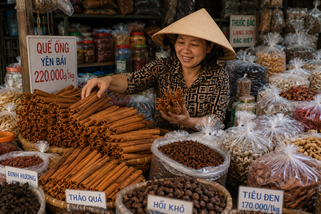 Vietnamese woman selling cinnamon sticks at a traditional spice market in Vietnam.