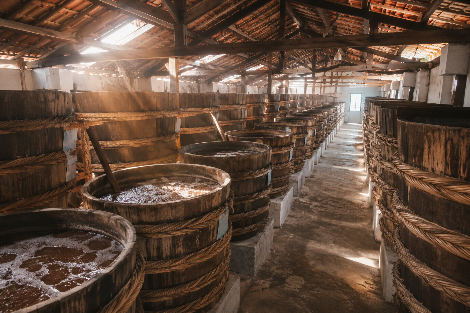 Traditional Vietnamese fish sauce fermentation barrels in a traditional factory