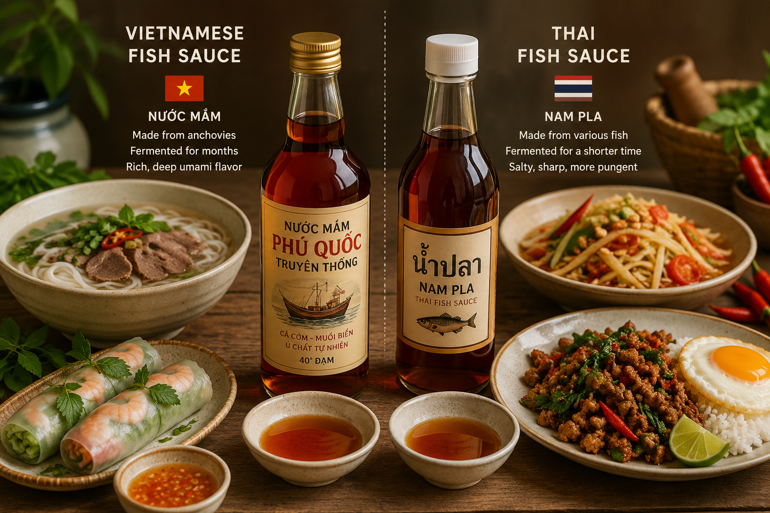 Comparison of Vietnamese fish sauce and Thai fish sauce with traditional dishes