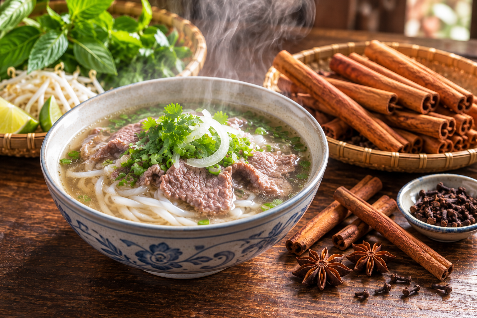 Steaming Vietnamese pho served with cinnamon sticks, star anise, and cloves.