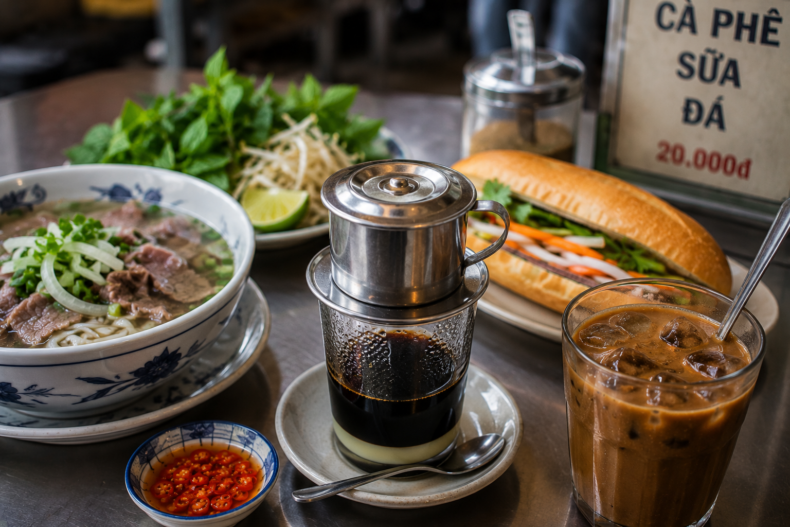 Vietnamese coffee with traditional breakfast