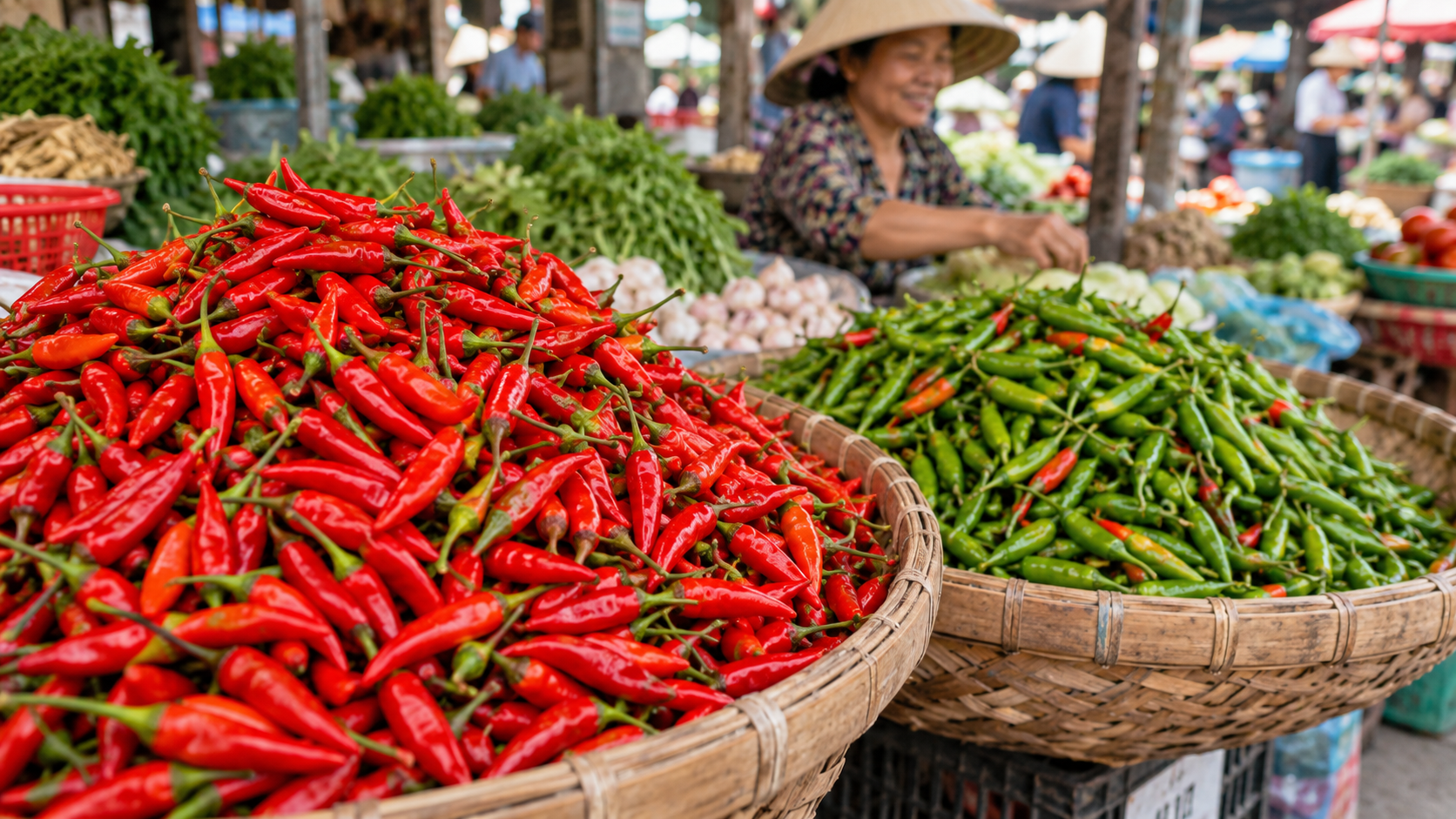 Fresh red and green Vietnamese chili peppers