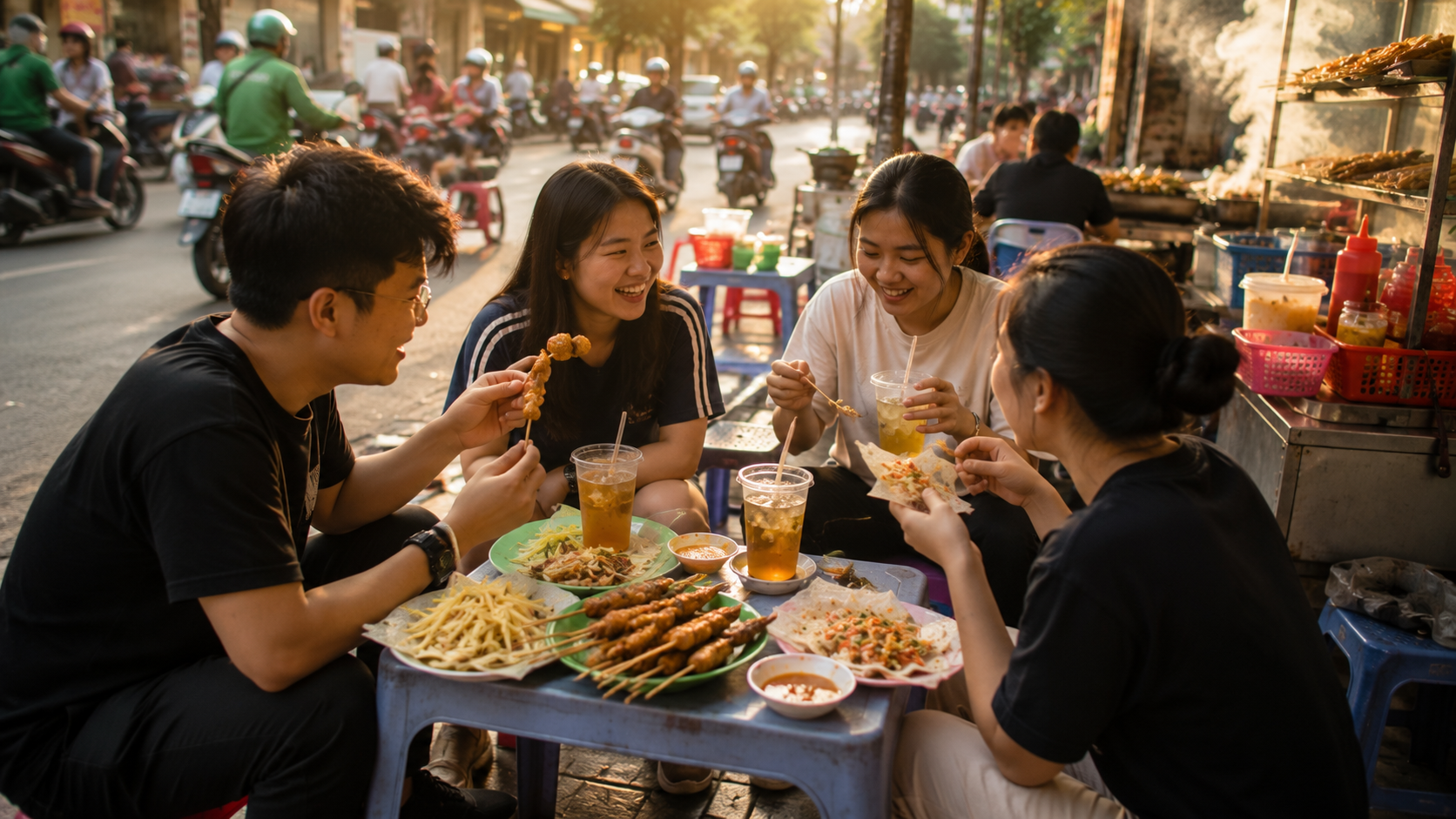 Vietnamese friends eating afternoon street food