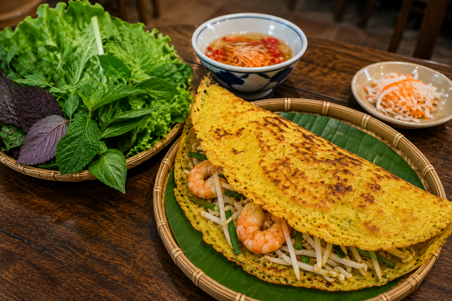 Traditional Vietnamese Bánh Xèo with fresh herbs