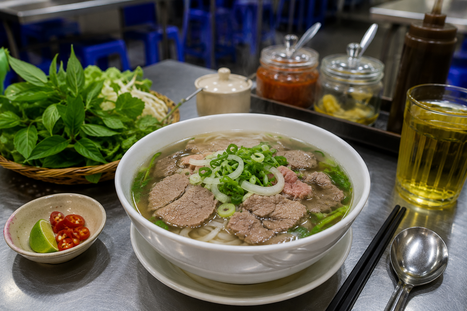 Traditional Vietnamese pho served with fresh herbs