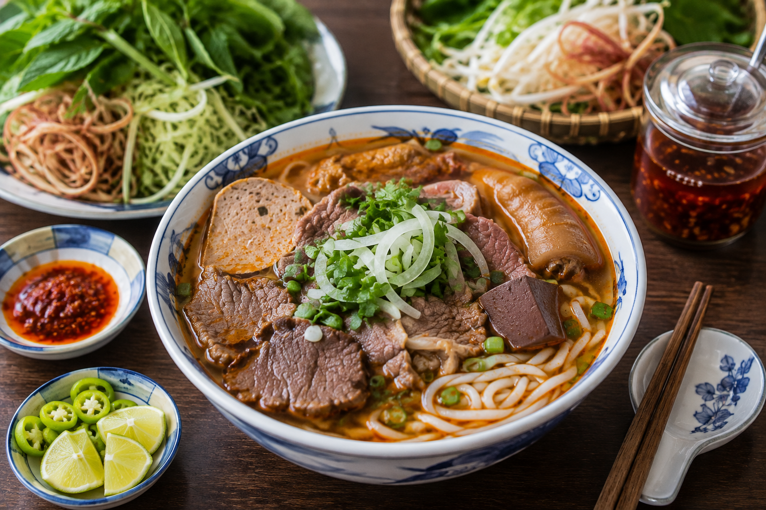 Traditional Bún Bò Huế noodle soup for breakfast