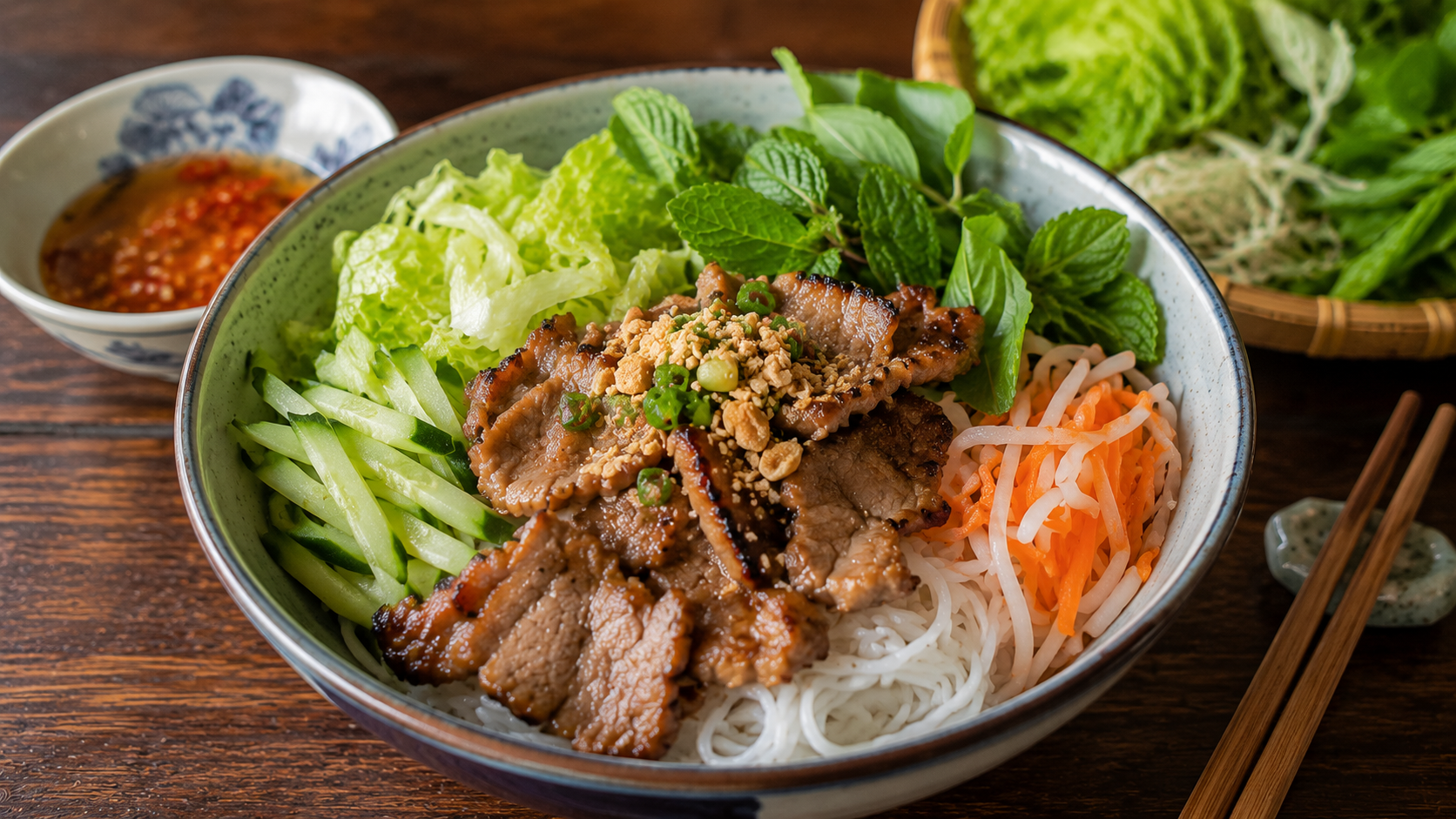 Vietnamese Bun Thit Nuong grilled pork noodles