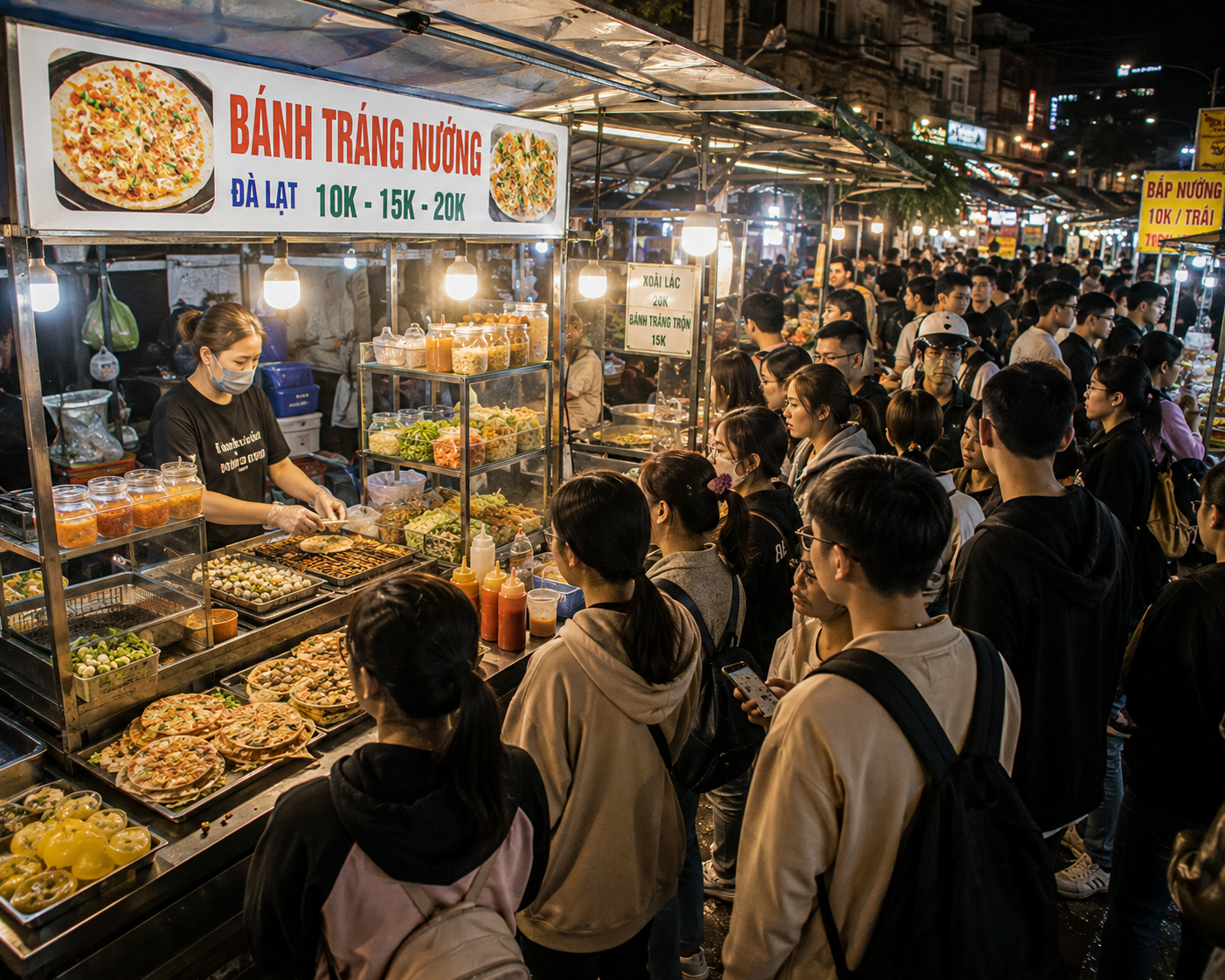 Busy Vietnamese food stall with local customers waiting to order street snacks