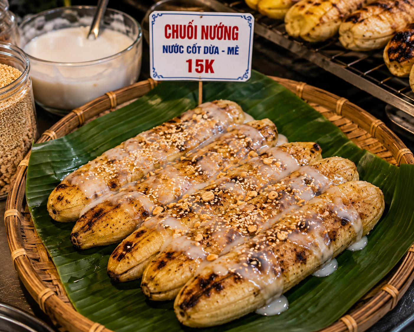 Chuối nướng grilled banana with coconut sauce and sesame seeds