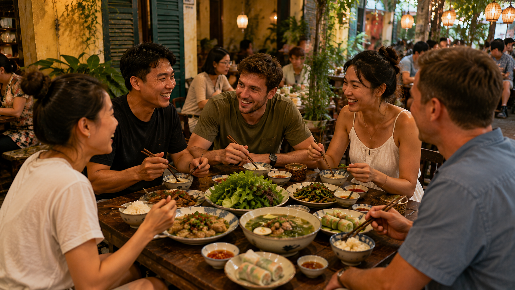 Visitors enjoying a meal with Vietnamese locals