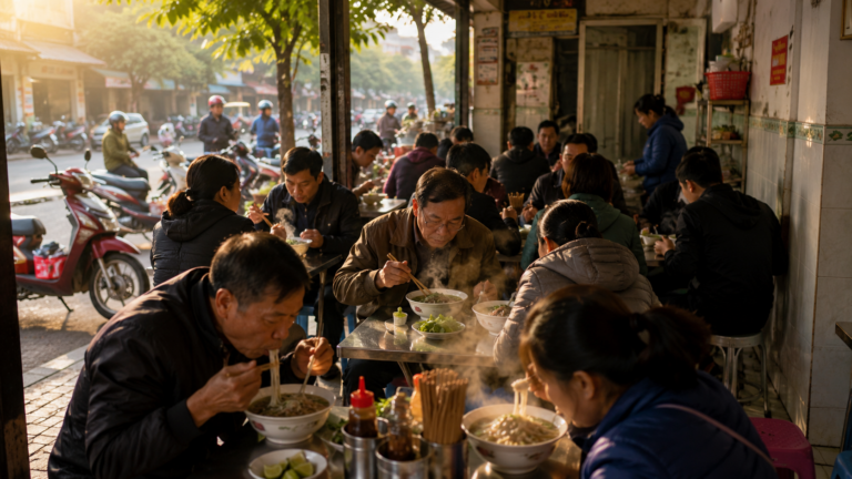Vietnamese locals eating breakfast early in the morning