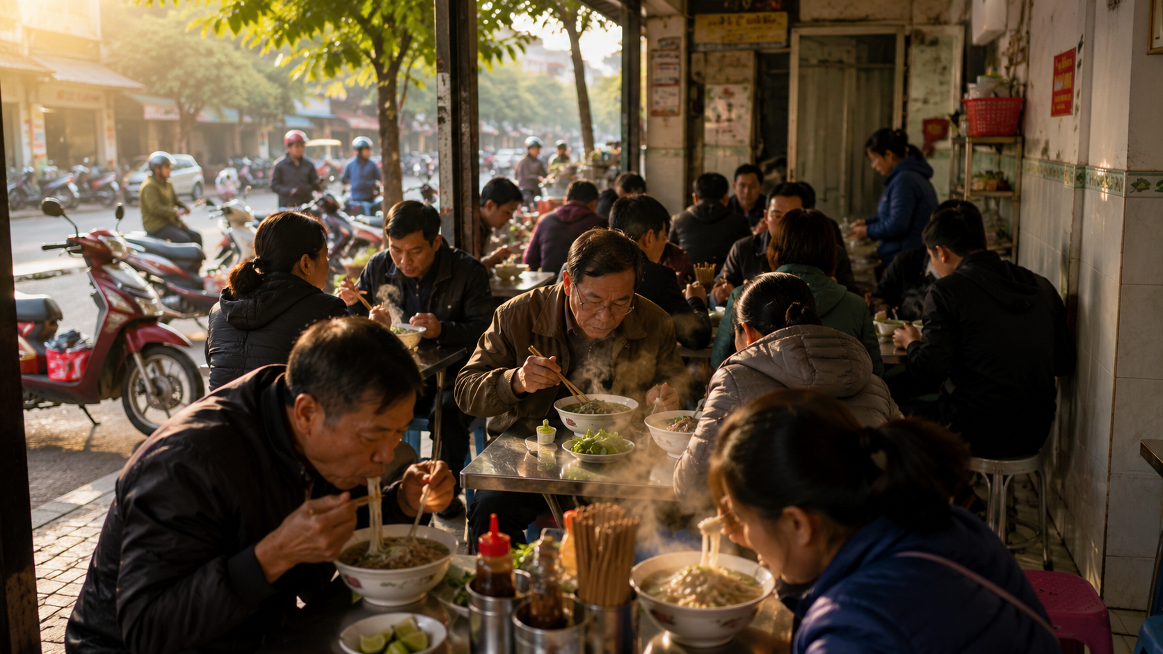 Vietnamese locals eating breakfast early in the morning