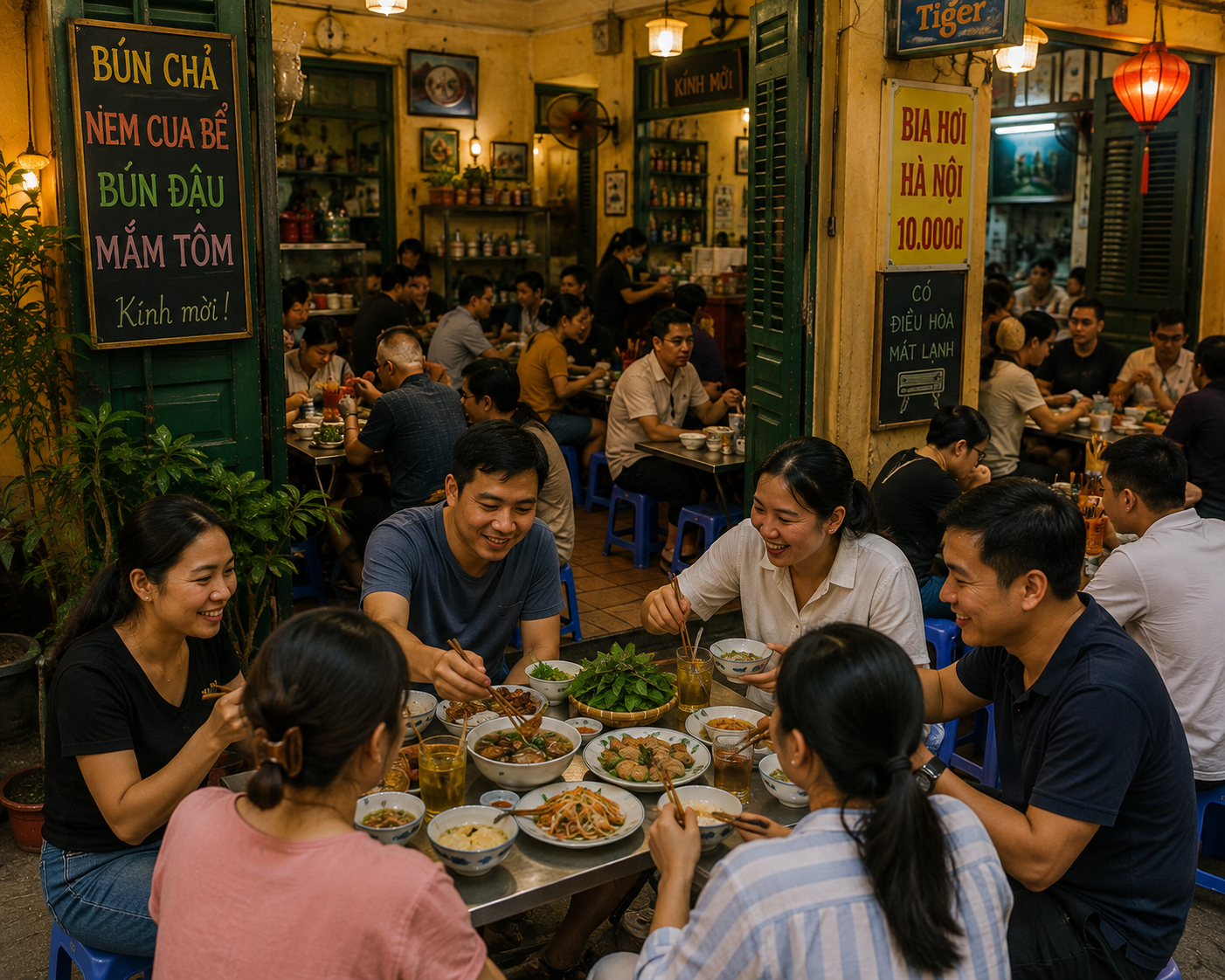 People enjoying dinner at a Vietnamese local restaurant