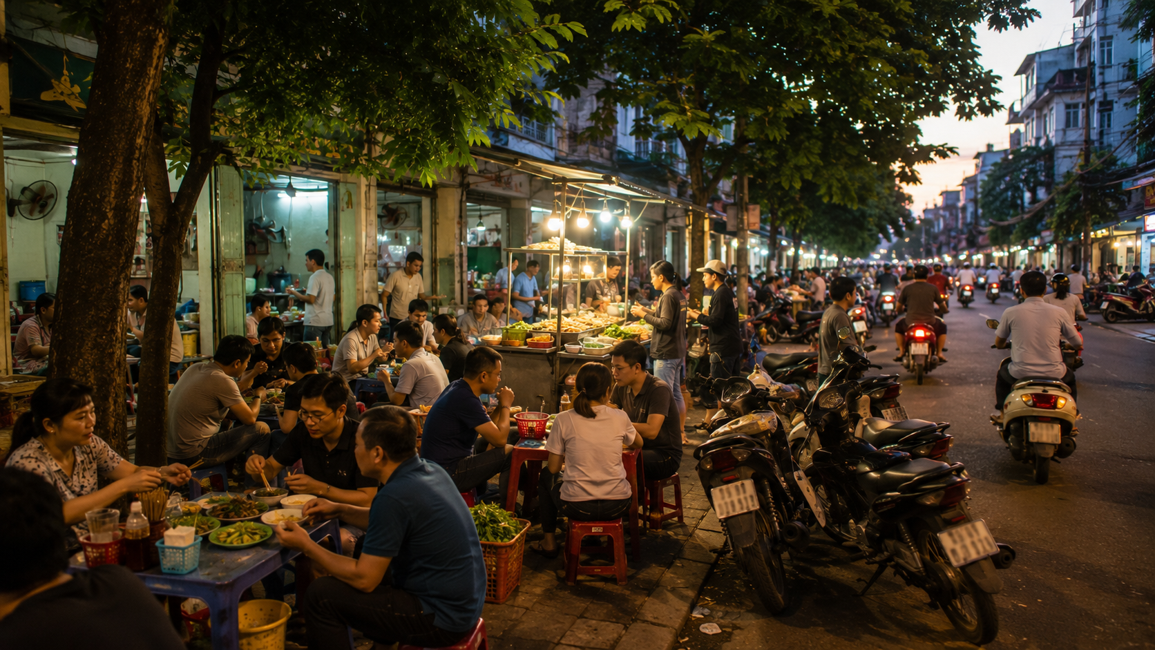 Local Vietnamese neighborhood during evening mealtime