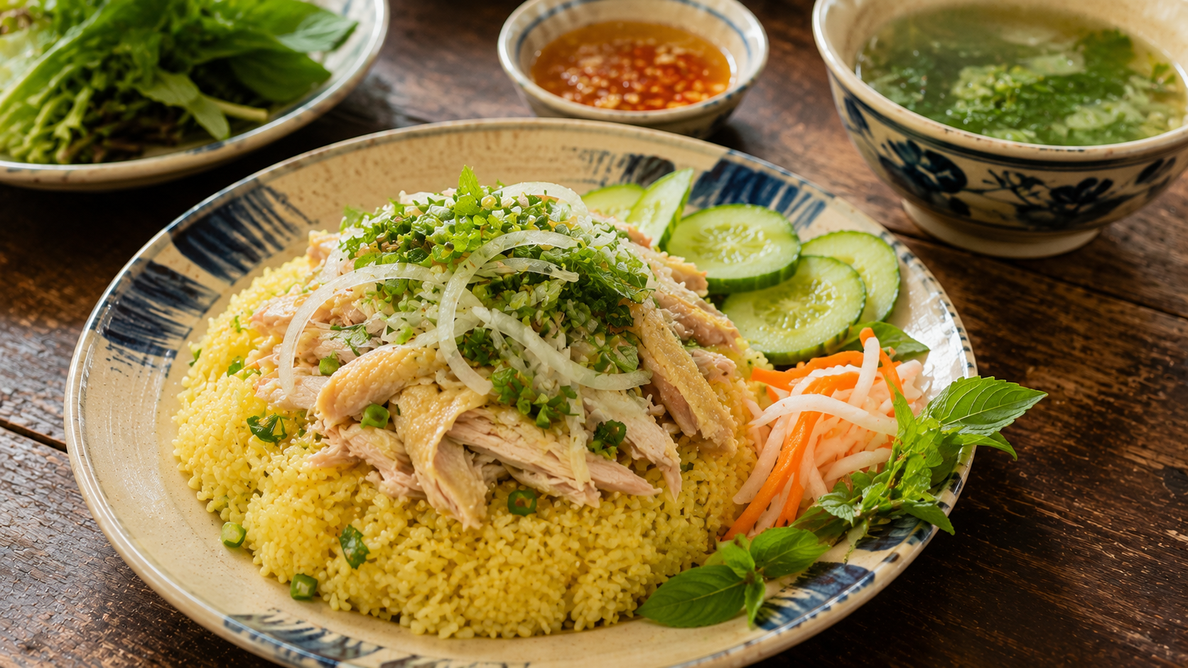 Hoi An Vietnamese chicken rice with herbs and vegetables