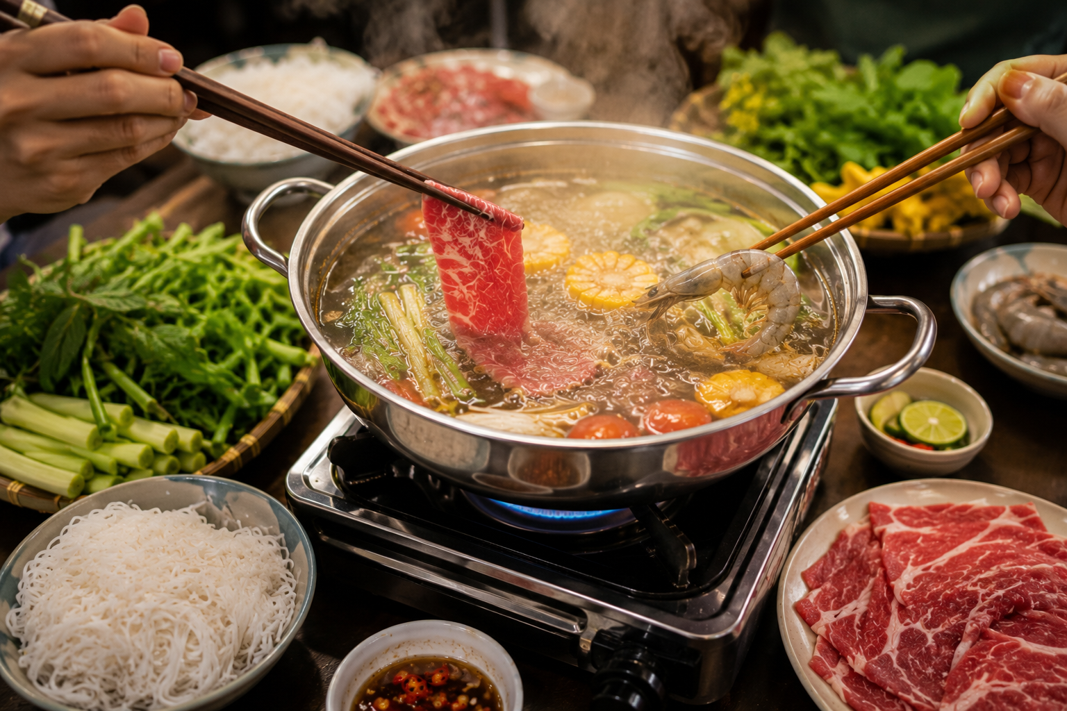 How to eat Vietnamese hot pot with beef and shrimp cooking in broth