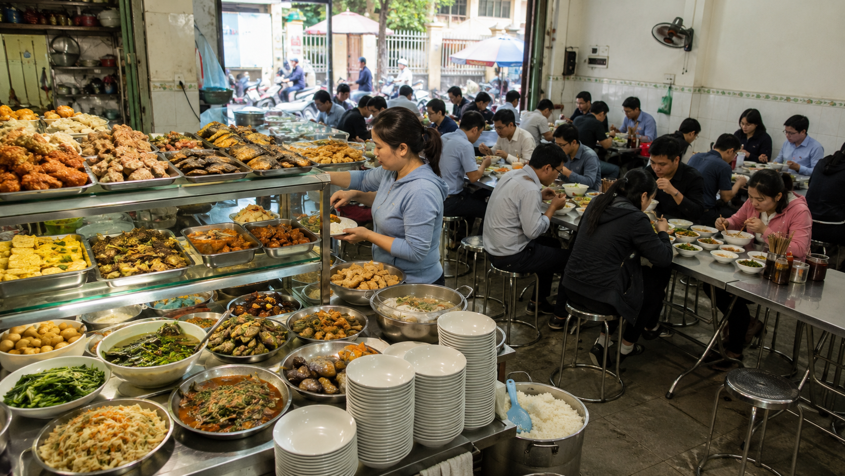 Vietnamese workers eating a local rice lunch