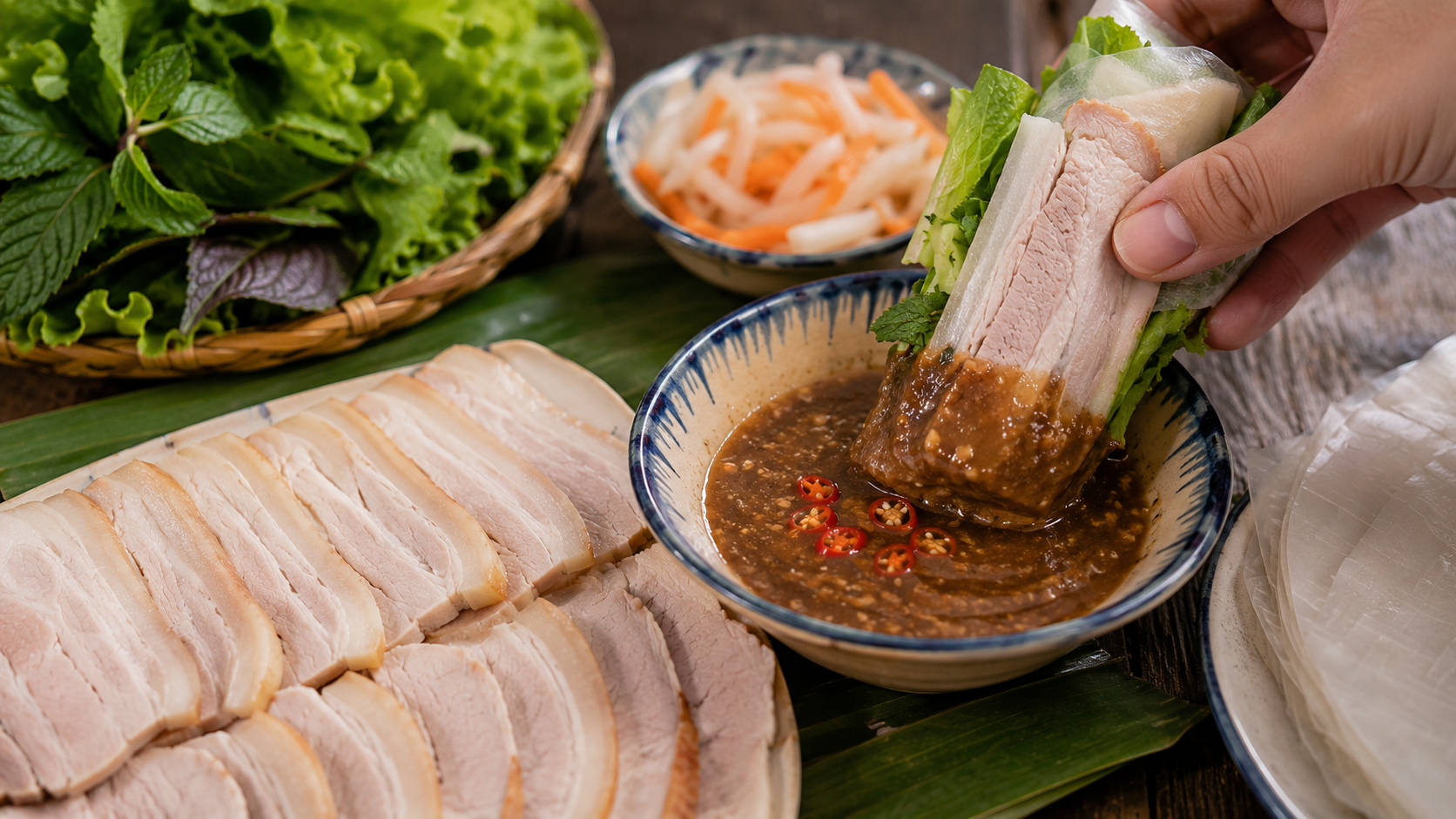 Bánh tráng cuốn thịt heo with mắm nêm in Da Nang