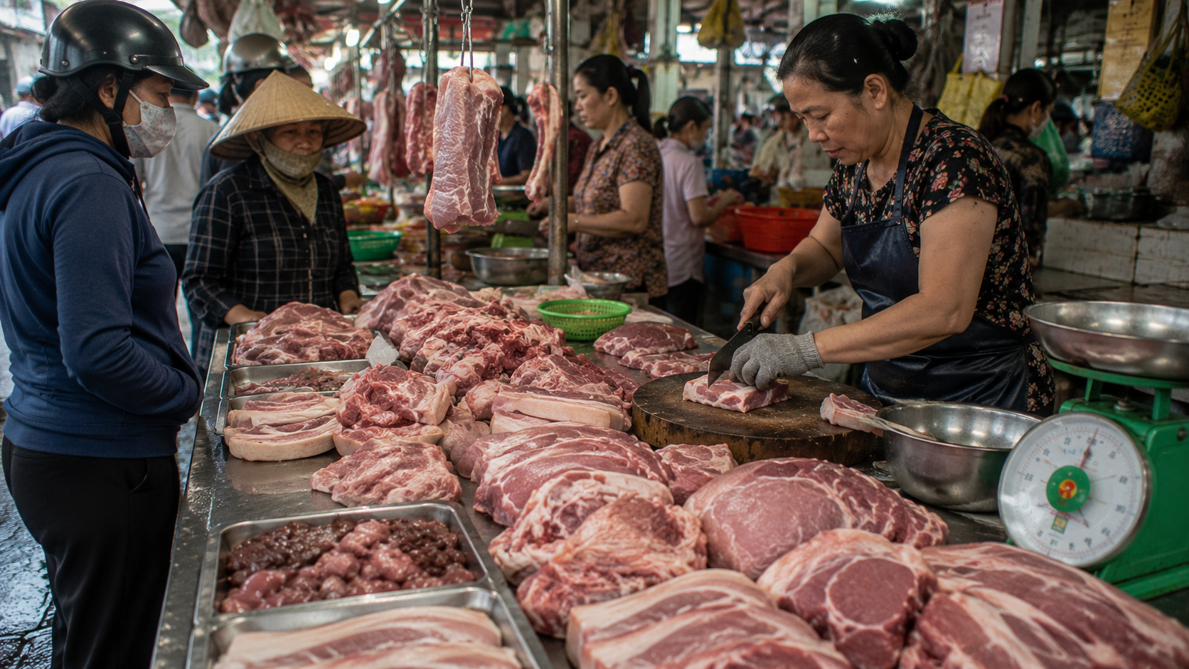 Traditional meat stall at a Vietnamese market