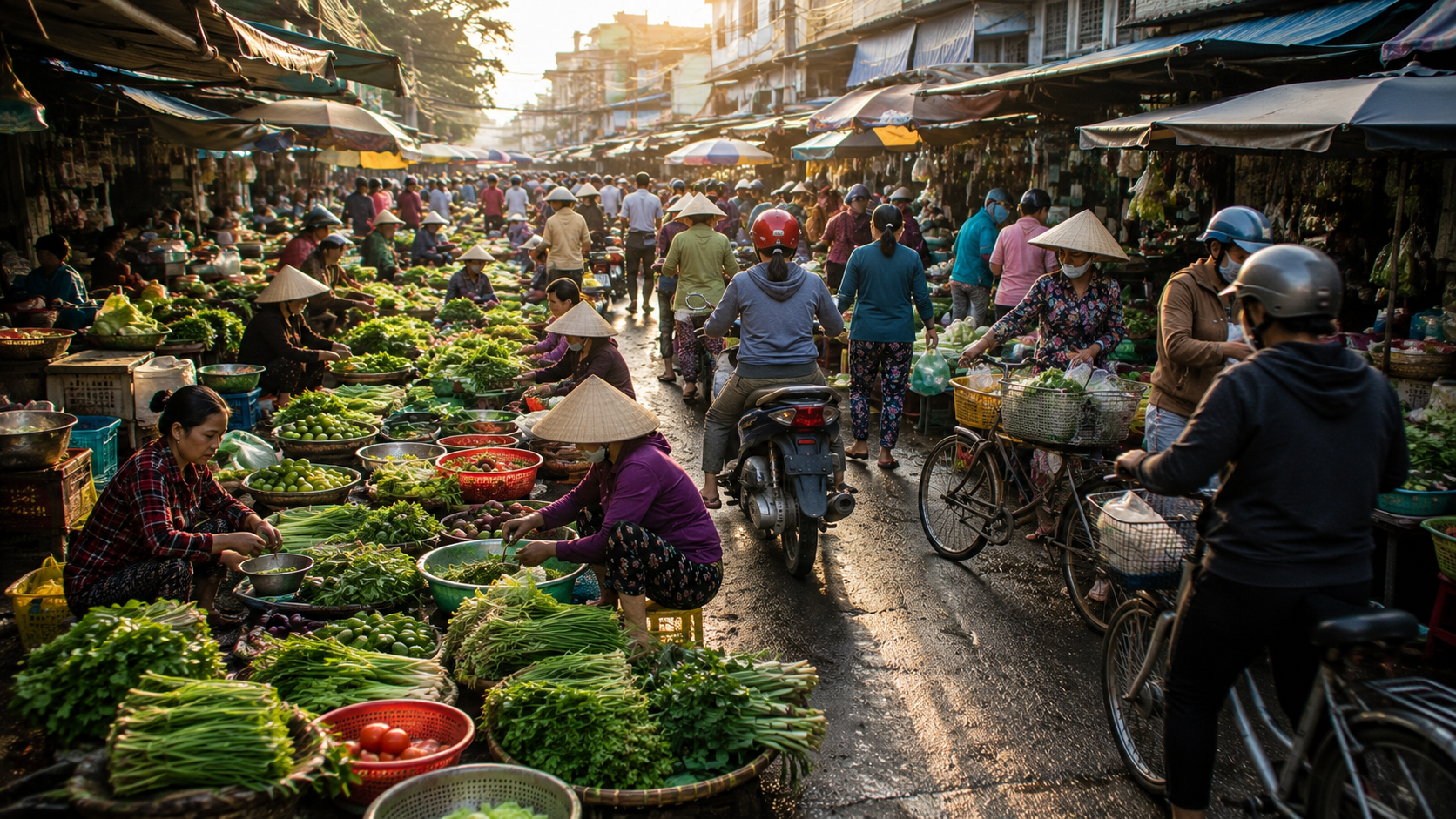 Busy Vietnamese local market in the morning