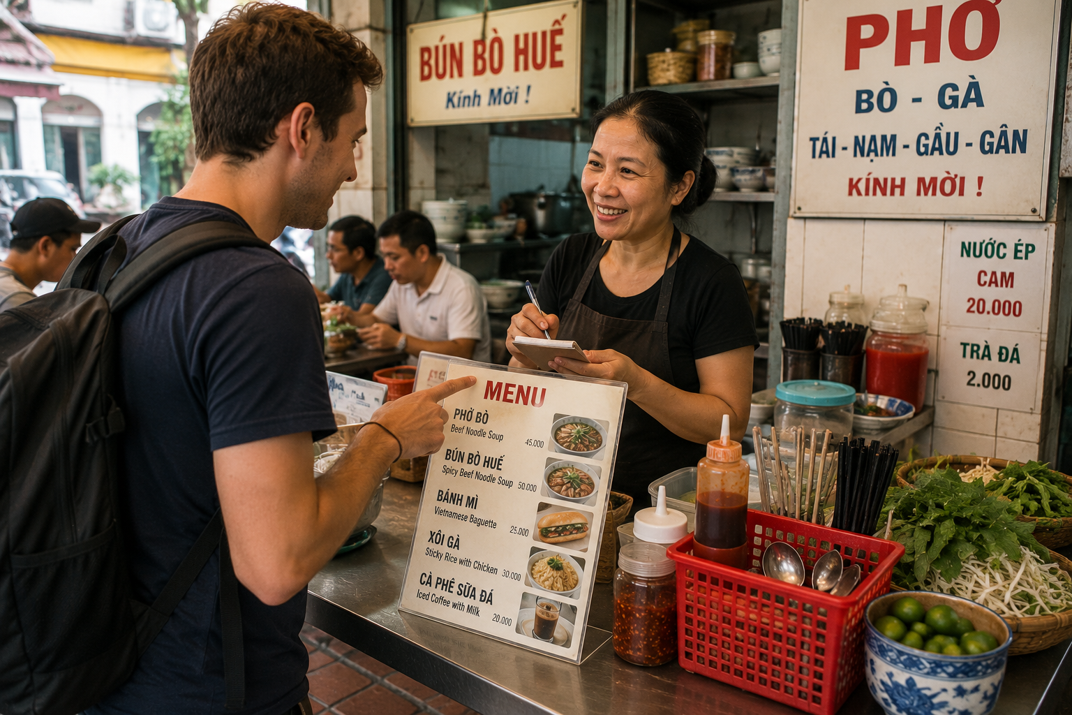 Tourist ordering Vietnamese breakfast from a local vendor