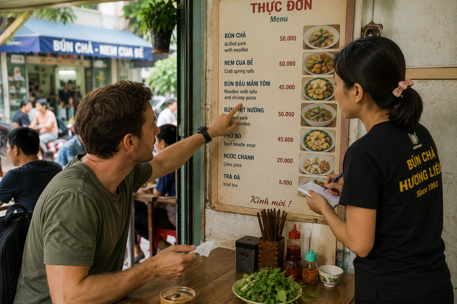 Tourist ordering from a Vietnamese restaurant menu