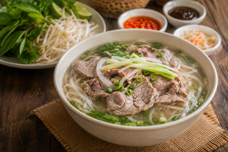 Traditional Vietnamese pho noodle soup with beef and fresh herbs