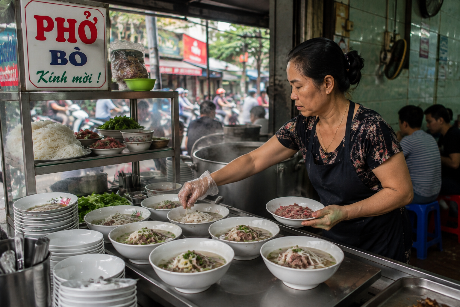 Vietnamese street food vendor preparing bowls of pho