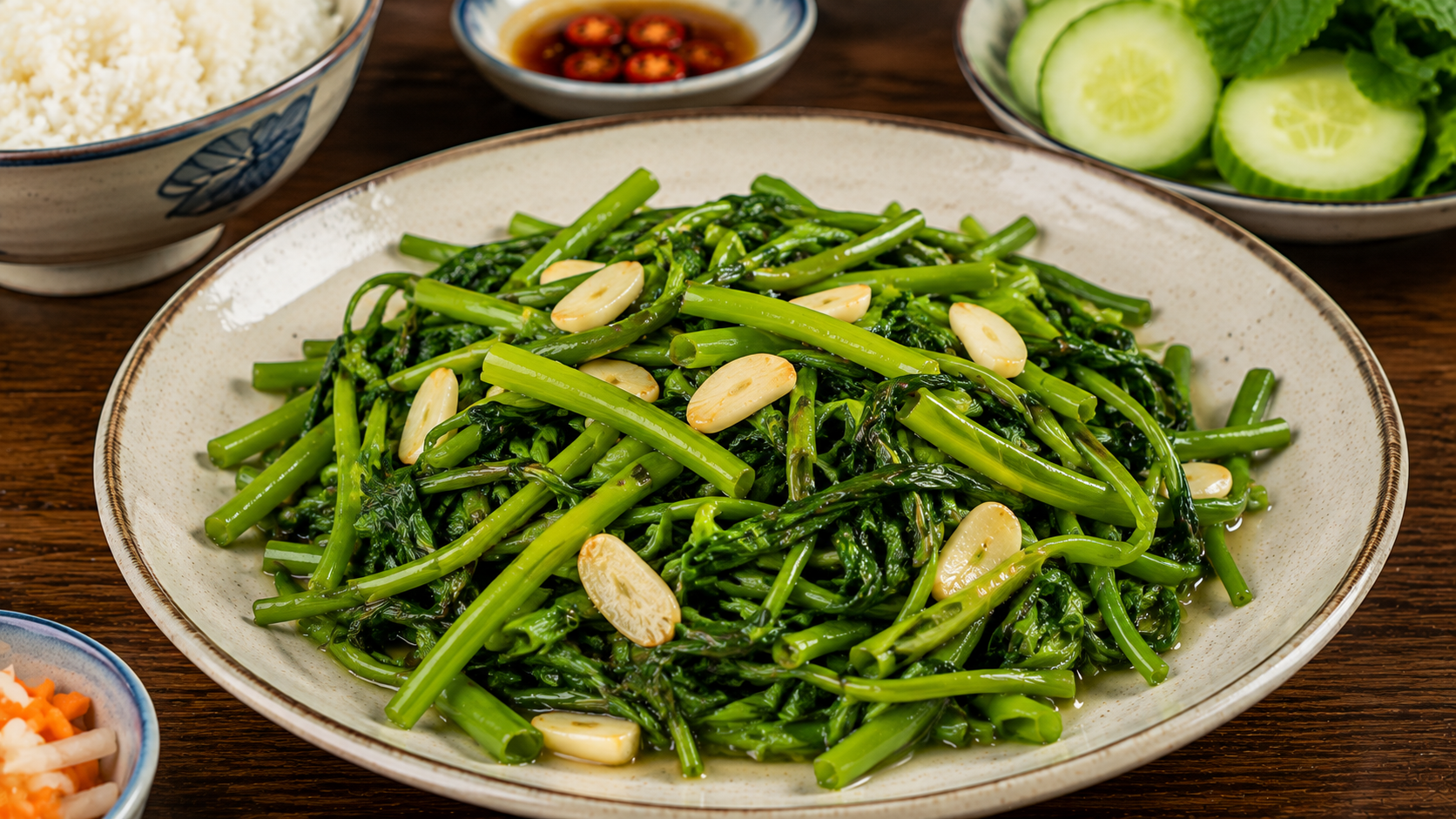 Vietnamese stir-fried morning glory with garlic