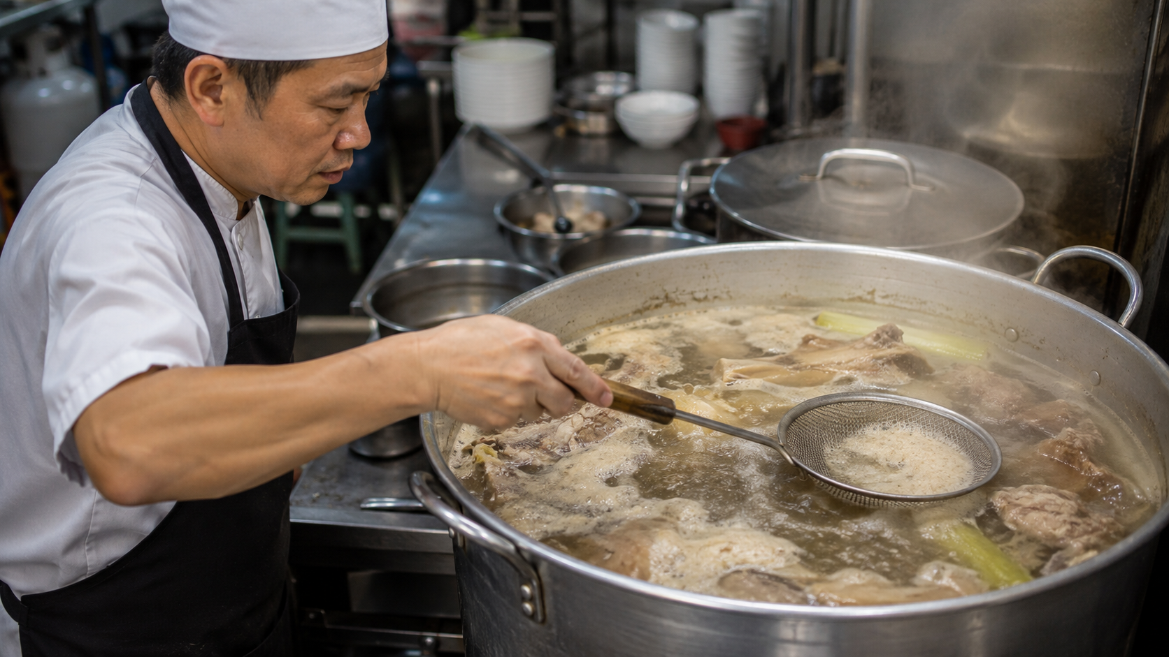 Vietnamese broth slowly simmering while impurities are removed