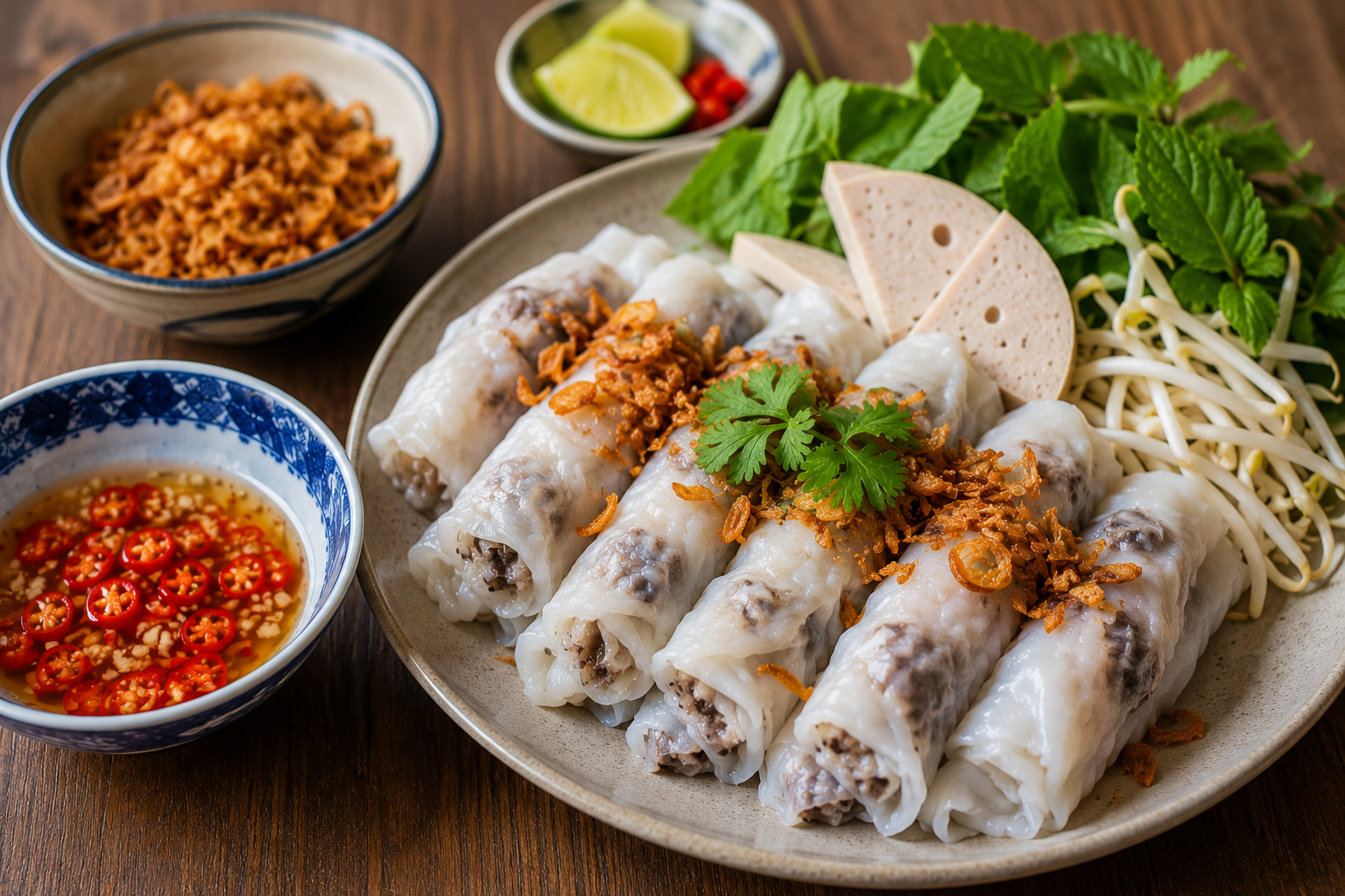 Fresh Vietnamese Bánh Cuốn with dipping sauce