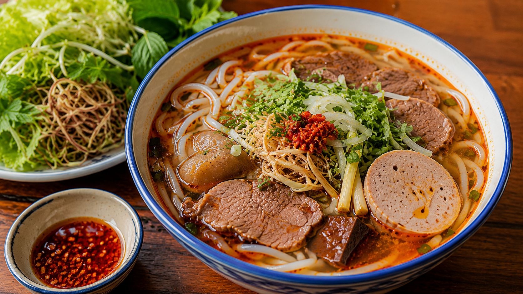 Spicy Vietnamese Bun Bo Hue noodle soup