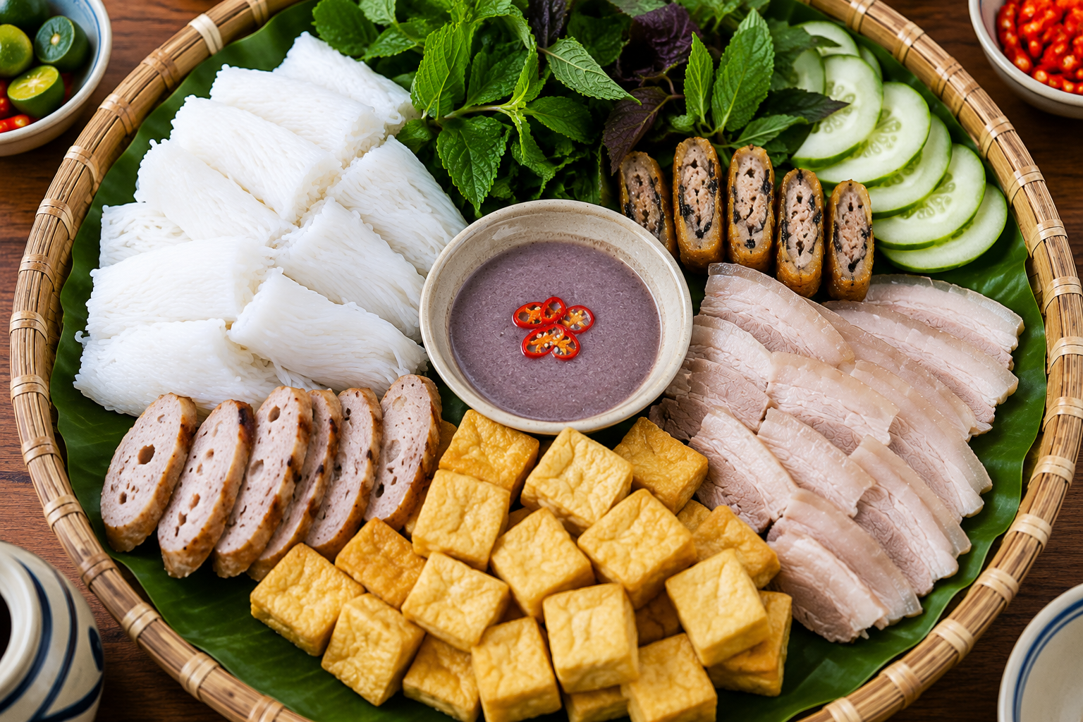 Traditional Bún Đậu Mắm Tôm platter with tofu, pork, herbs, and shrimp paste