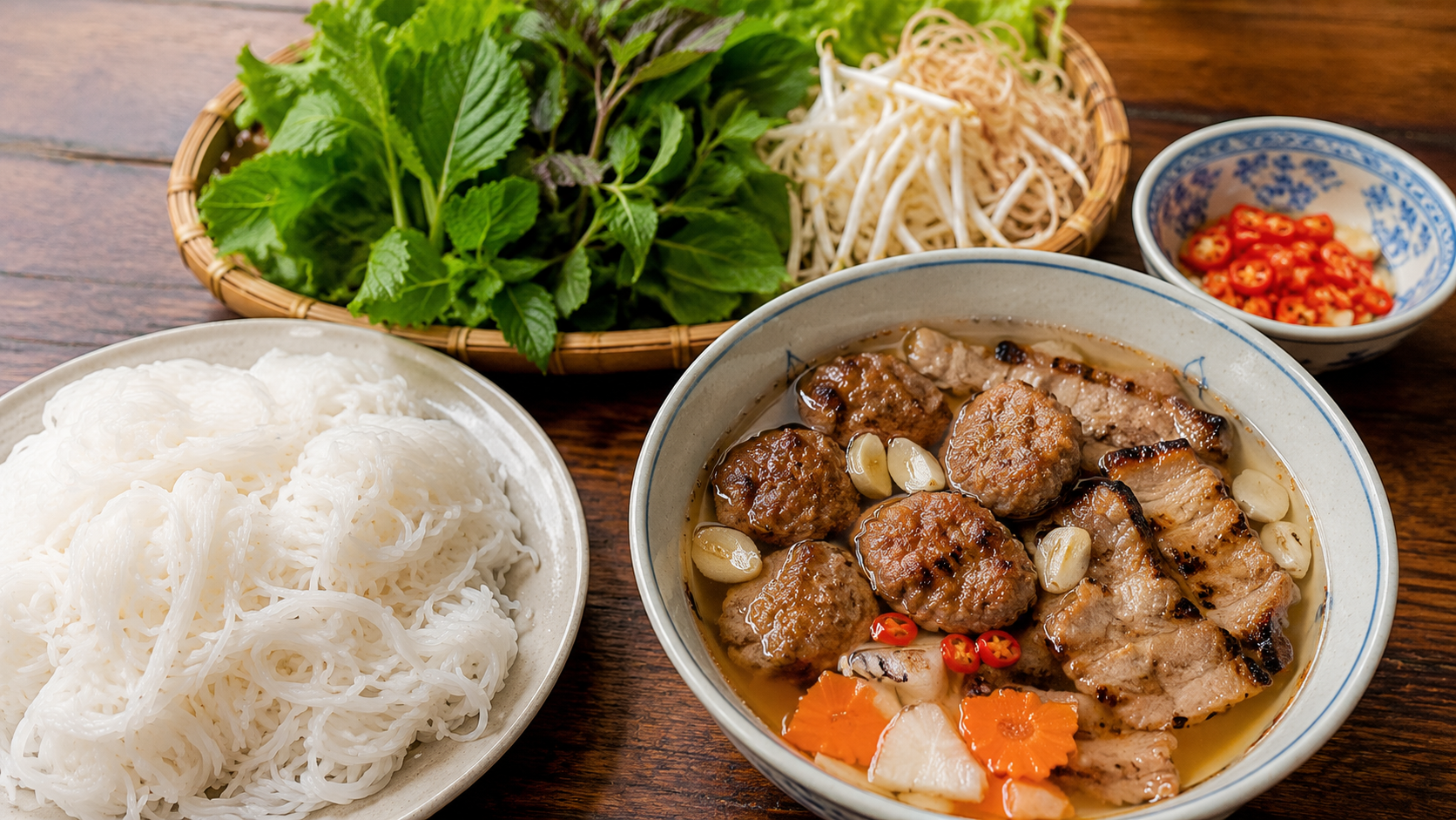 Vietnamese bun cha with grilled pork and rice noodles