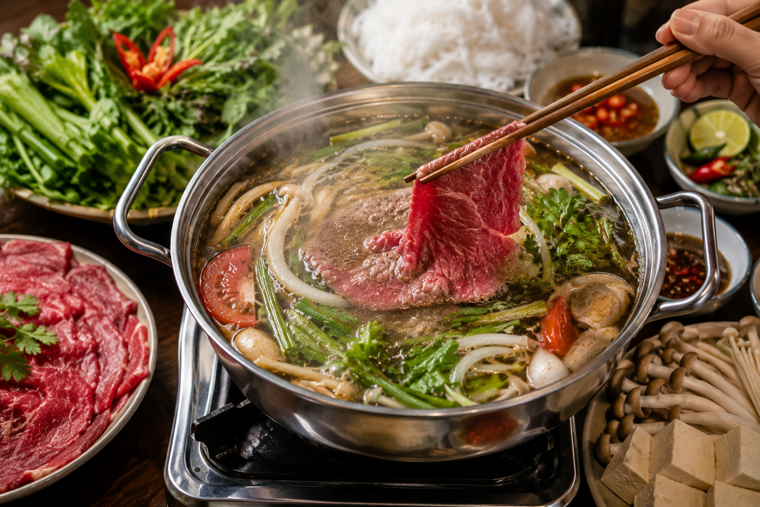 Traditional Vietnamese beef hot pot with thinly sliced beef and vegetables